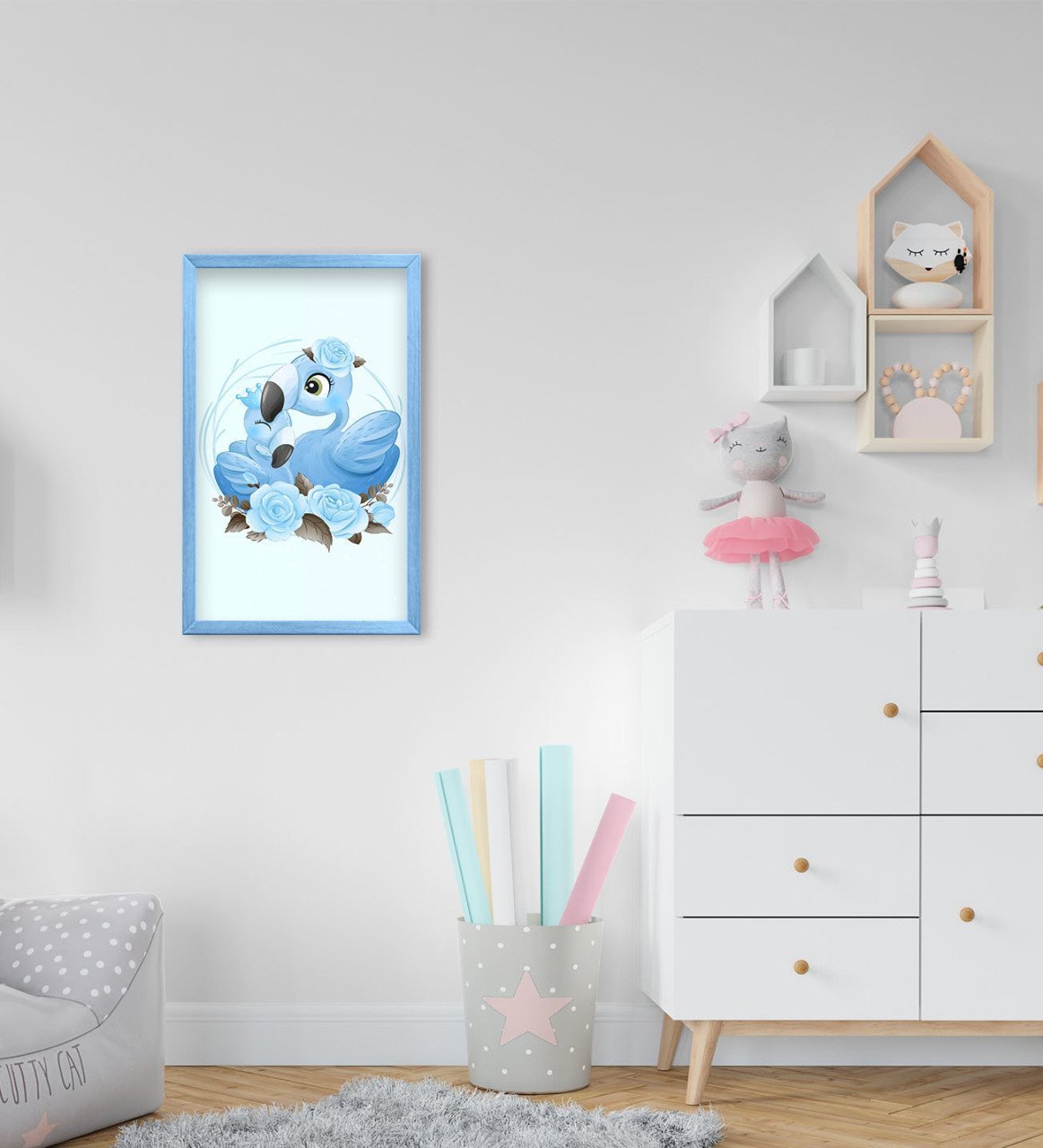 BK Home Flamingo Tasarımlı Dekoratif Mavi Ahşap Çerçeveli Çocuk Odası Tablo-1