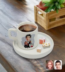 Kişiye Özel Sunum Tabaklı Godfather Baba Kız Karikatürlü Türk Kahvesi Fincanı Model 1