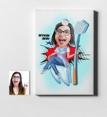 Kişiye Özel Bayan Diş Hekimi Karikatür Kanvas Tablo (50 x 70 cm.) 3