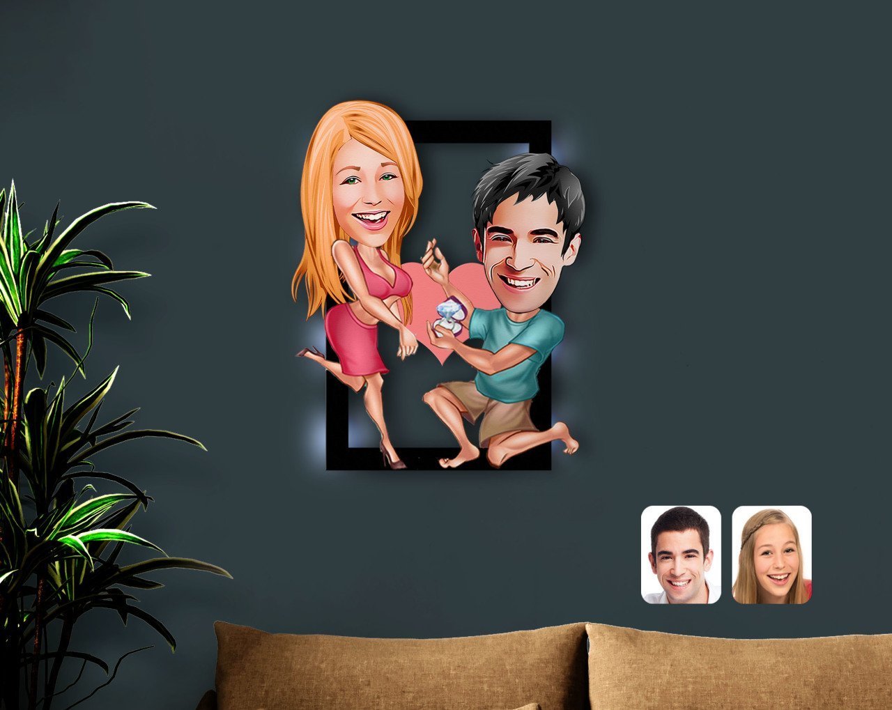 Kişiye Özel Sevgililer Karikatürlü 3D Led Işıklı Ahşap Tablo-19