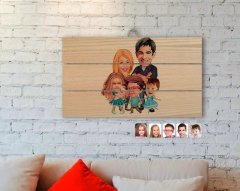 Kişiye Özel Aile Karikatürlü Otantik Ahşap Palet Tablo-7