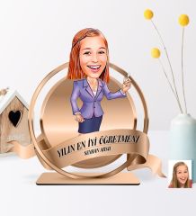 Kişiye Özel Yılın En İyi Bayan Öğretmeni Karikatürlü 3D Ahşap Biblo Plaket - 1