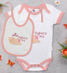 BK Kids Uykucu Kız Tasarımlı Pembe Bebek Body Zıbın ve Mama Önlüğü Hediye Seti-1