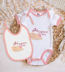 BK Kids Uykucu Kız Tasarımlı Pembe Bebek Body Zıbın ve Mama Önlüğü Hediye Seti-1