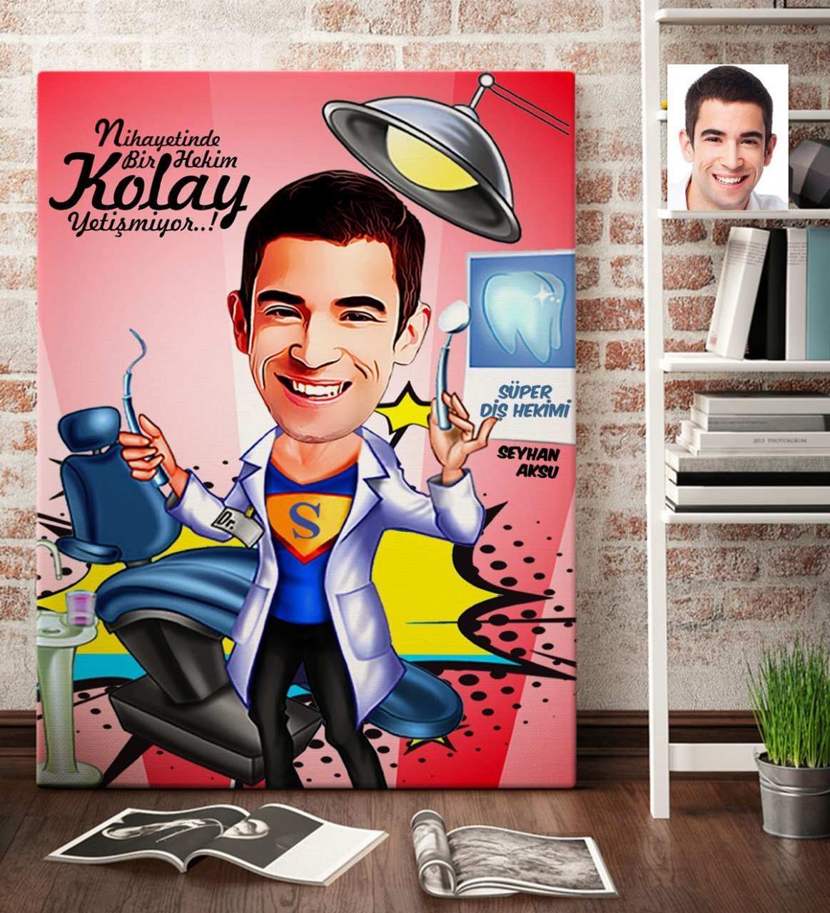 Kişiye Özel Bay Diş Hekimi Karikatürlü Kanvas Tablo (70 x 100 cm.) 1
