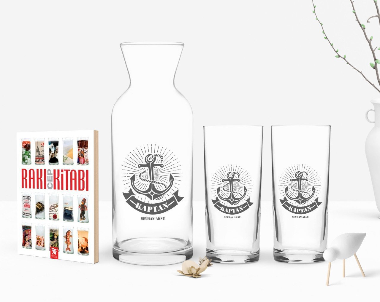 Kişiye Özel Renkli Baskılı Kaptan Tasarımlı İkili Rakı Bardağı Karaf ve Cep Kitabı Hediye Seti-7