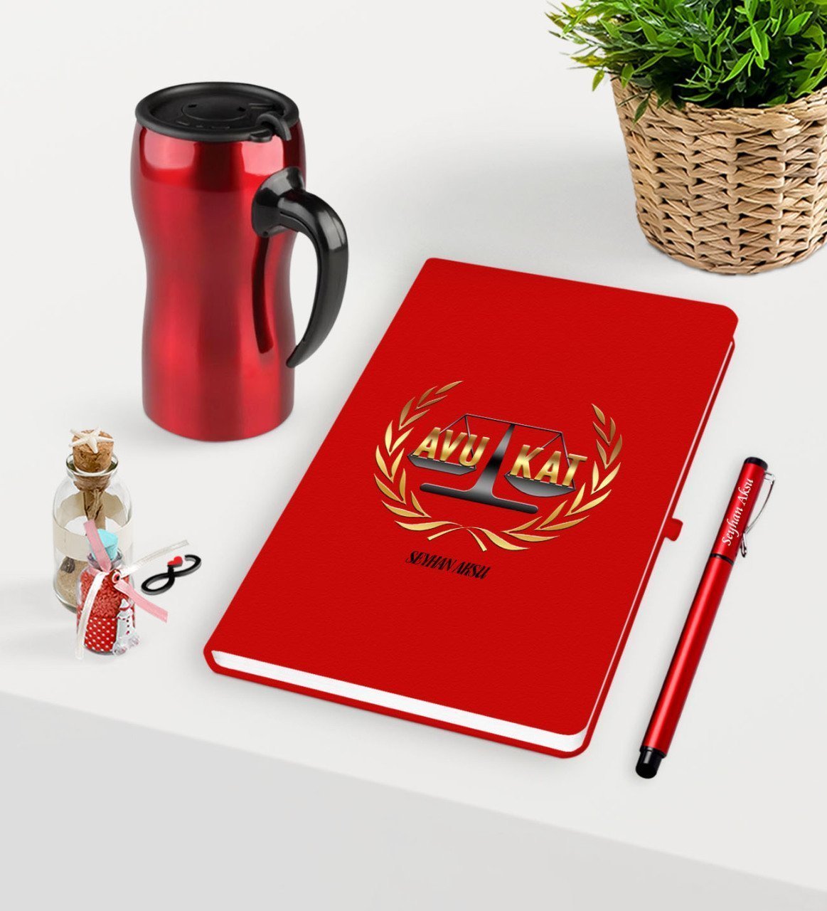 Kişiye Özel Avukat Temalı Kırmızı Defter Kalem ve Termos Mug Seti  - 1