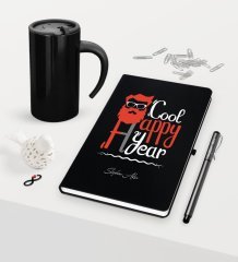 Kişiye Özel Yılbaşı Noel Baba Temalı Siyah Defter Kalem Termos Mug Seti - 3