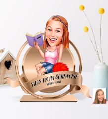 Kişiye Özel Yılın En İyi Bayan Öğrencisi Karikatürlü 3D Ahşap Biblo Plaket