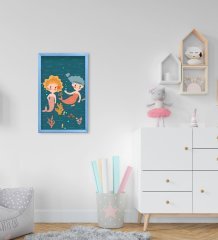 BK Home Deniz Kızları Tasarımlı Dekoratif Mavi Ahşap Çerçeveli Çocuk Odası Tablo-1