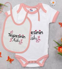 BK Kids Teyzesinin Aşkı Tasarımlı Pembe Bebek Body Zıbın ve Mama Önlüğü Hediye Seti-1