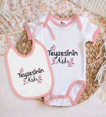 BK Kids Teyzesinin Aşkı Tasarımlı Pembe Bebek Body Zıbın ve Mama Önlüğü Hediye Seti-1