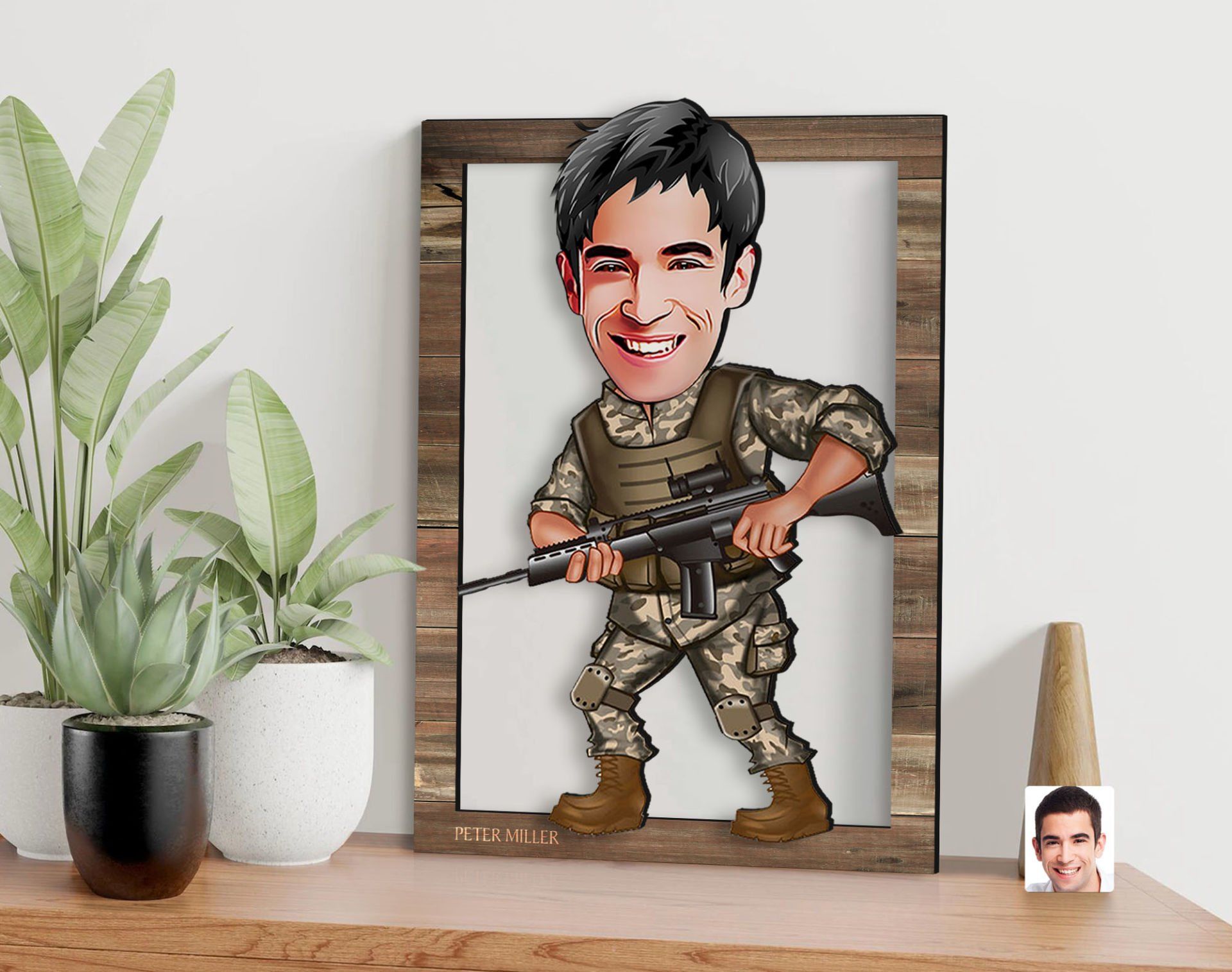 BK Gift Kişiye Özel Asker Karikatürlü 3D Ahşap Tablo, Sevgiliye Hediye, Arkadaşa Hediye, Yıl Dönümü Hediyesi, Doğum Günü Hediyesi-1
