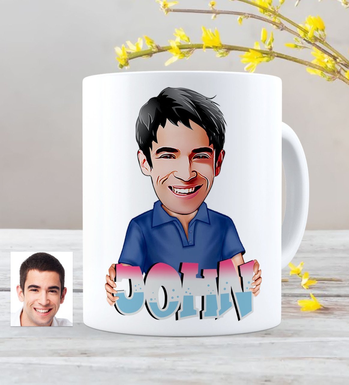 Personalized Name Male Caricature White Mug Cup