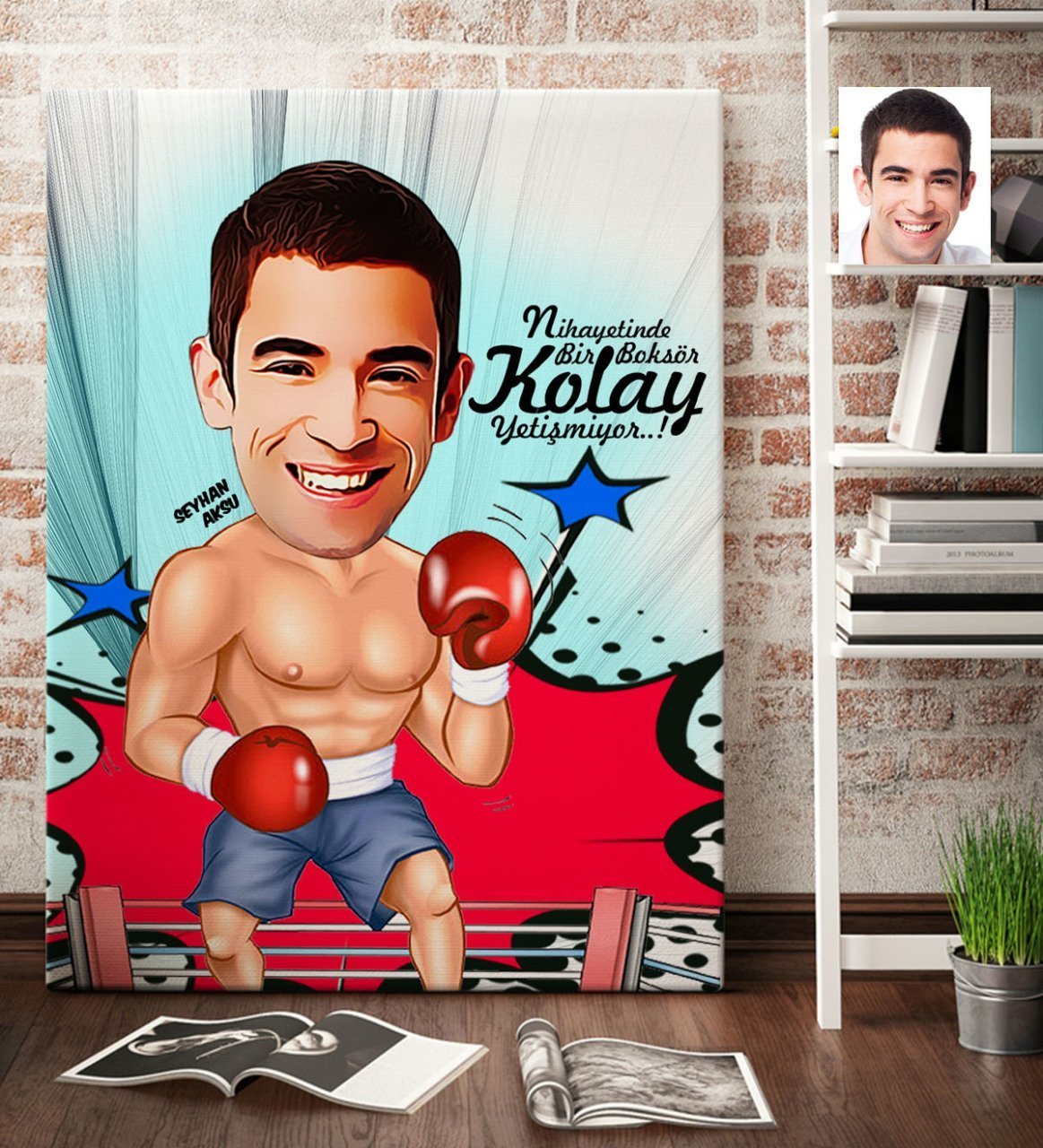 Kişiye Özel Bay Boksör Karikatürlü Kanvas Tablo (70 x 100 cm.) 1