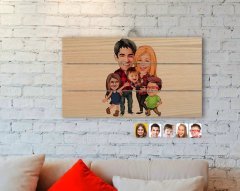Kişiye Özel Aile Karikatürlü Otantik Ahşap Palet Tablo-5