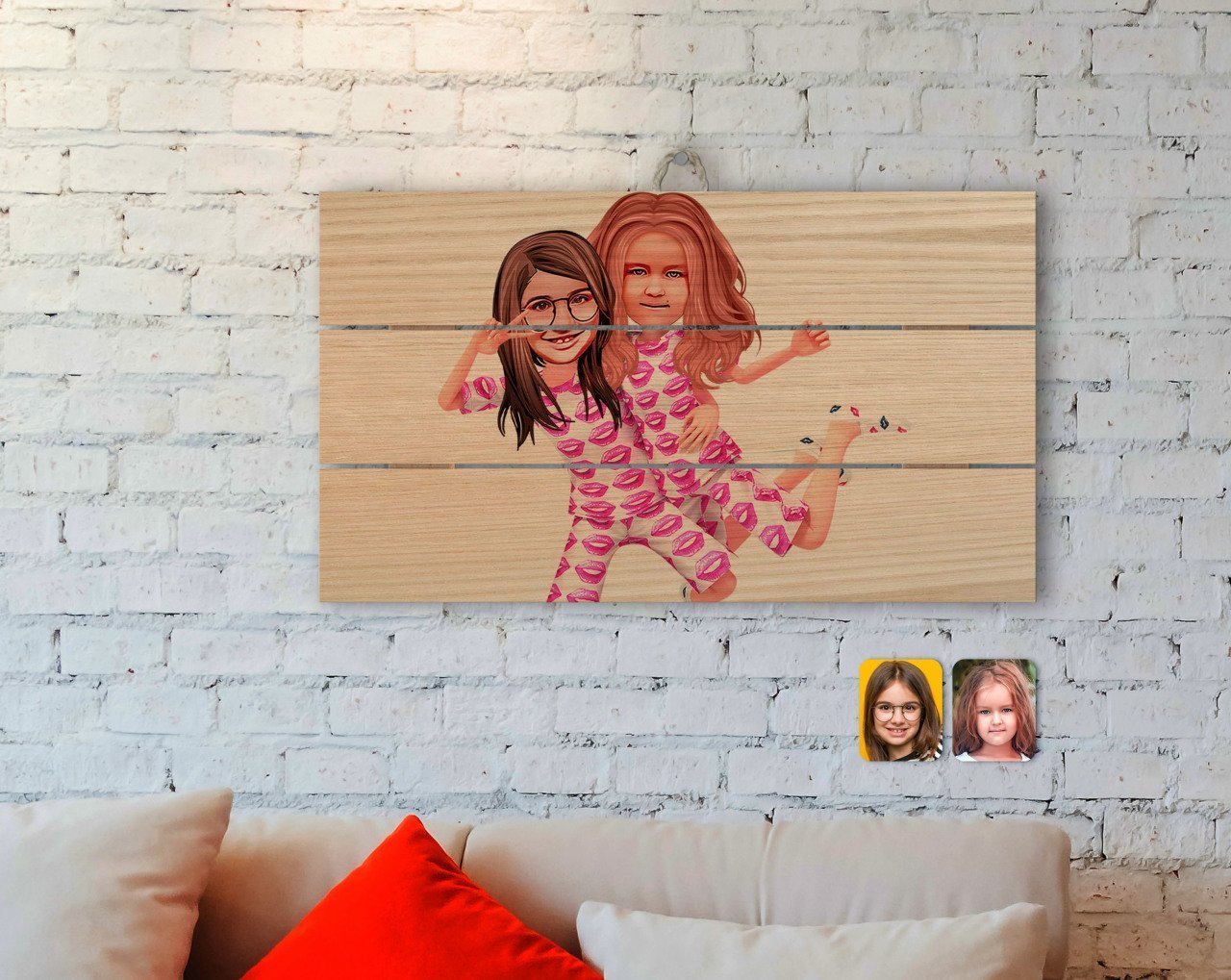 Kişiye Özel Kız Kardeşler Karikatürlü Otantik Ahşap Palet Tablo-1