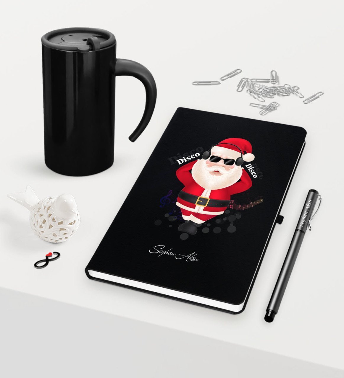 Kişiye Özel Yılbaşı Noel Baba Temalı Siyah Defter Kalem Termos Mug Seti - 1