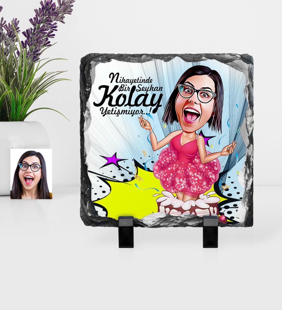Kişiye Özel Bayan Doğum Günü Karikatürlü Dekoratif Doğal Taş - 1