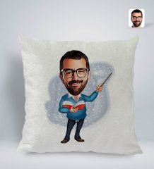 Kişiye Özel Erkek Öğretmen Karikatürlü Kare Araç Koltuk Yastığı-2