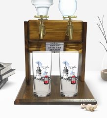 Kişiye Özel Renkli Baskılı İstanbul Tasarımlı İkili Rakı Bardağı ve Çift Musluklu Doğal Ahşap Rakı Standı-1