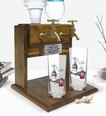 Kişiye Özel Renkli Baskılı İstanbul Tasarımlı İkili Rakı Bardağı ve Çift Musluklu Doğal Ahşap Rakı Standı-1