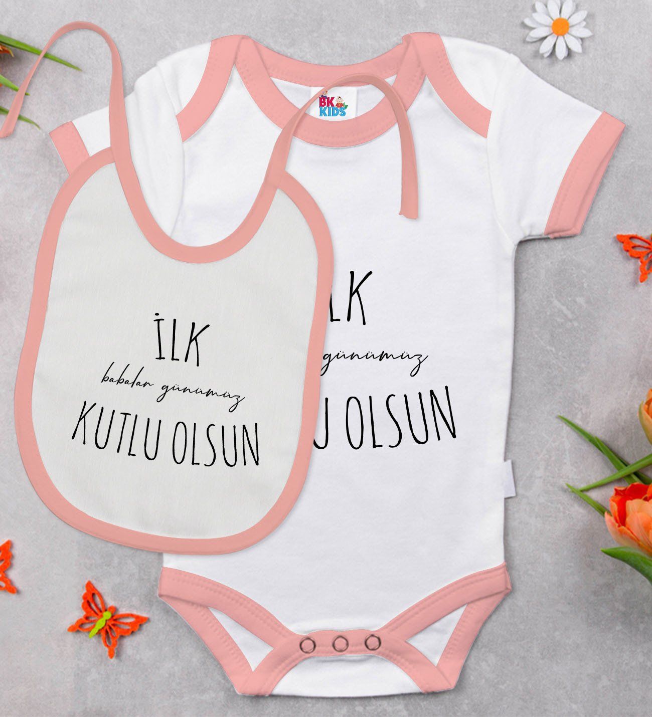 BK Kids İlk Babalar Günü Tasarımlı Pembe Bebek Body Zıbın ve Mama Önlüğü Hediye Seti-3