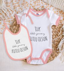 BK Kids İlk Babalar Günü Tasarımlı Pembe Bebek Body Zıbın ve Mama Önlüğü Hediye Seti-3