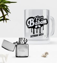 Kişiye Özel Yakışıklı Babam Cam Kupa Bardak Benzinli Metal Çakmak Seti-2