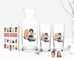 Kişiye Özel Renkli Baskılı Sevgililer Karikatürlü İkili Rakı Bardağı Karaf ve Cep Kitabı Hediye Seti-53