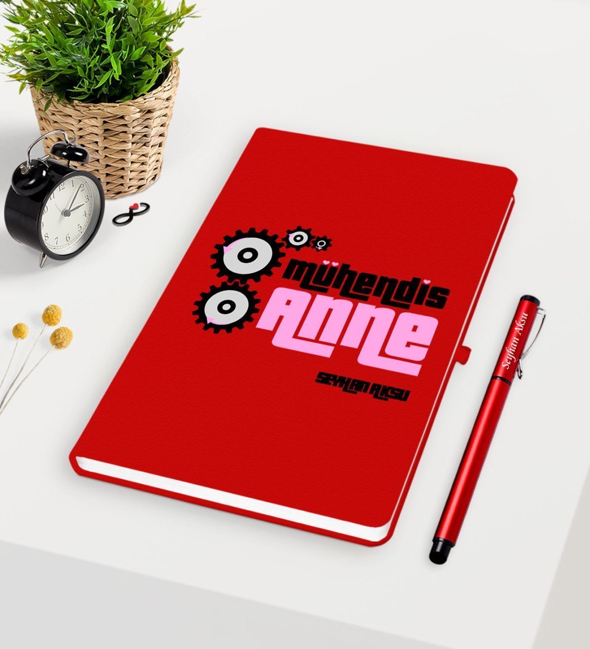 Kişiye Özel Mühendis Anne Kırmızı Defter Kalem Seti