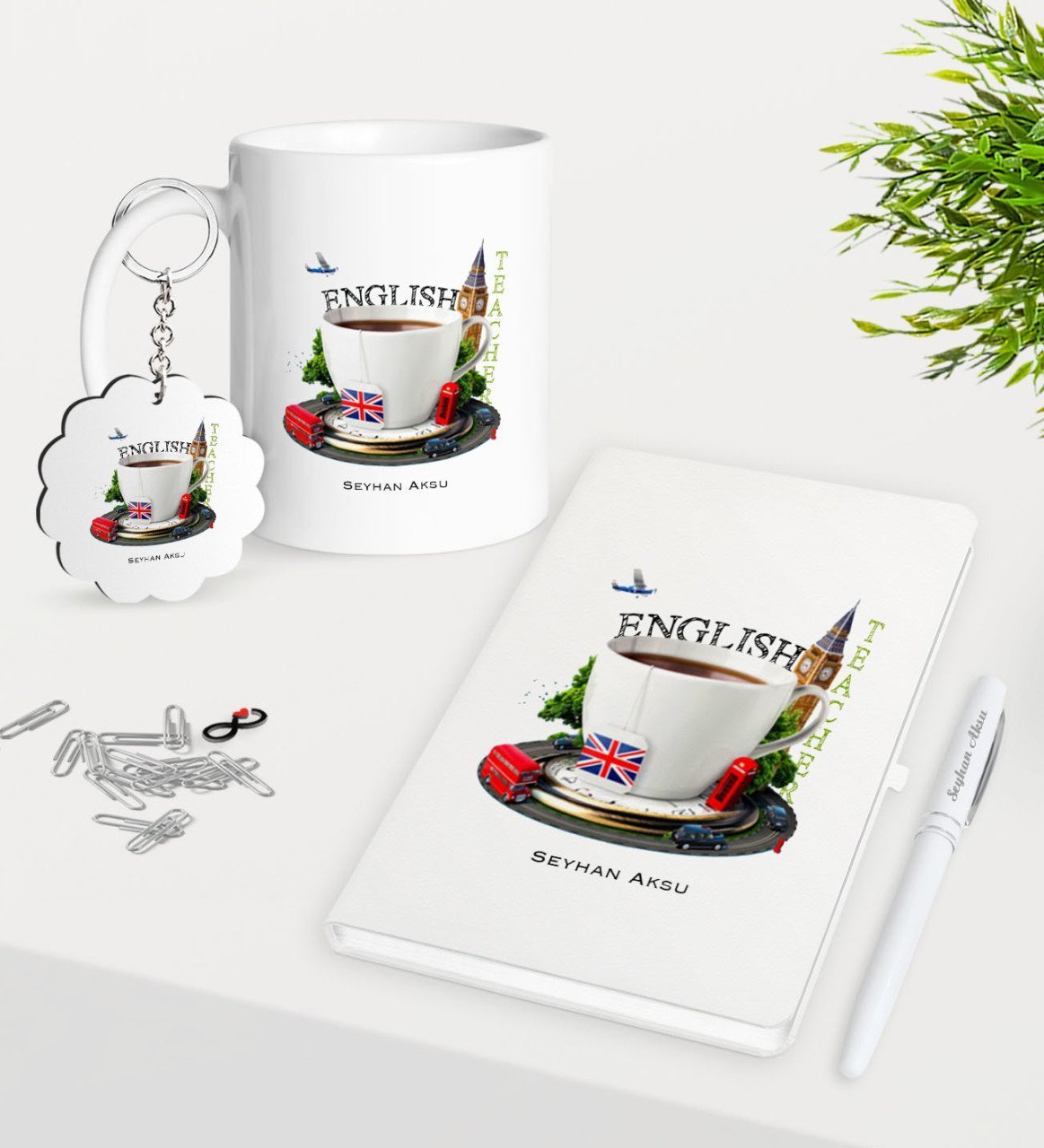Kişiye Özel İngilizce Öğretmeni Kupa Anahtarlık Beyaz Defter Kalem Hediye Seti-8