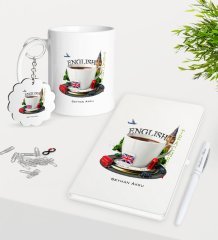 Kişiye Özel İngilizce Öğretmeni Kupa Anahtarlık Beyaz Defter Kalem Hediye Seti-8