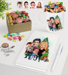 Kişiye Özel Yeni Yıl Aile Karikatürlü Beyaz Defter Kalem Kupa ve Kutulu Haribo Şeker Hediye Seti-5