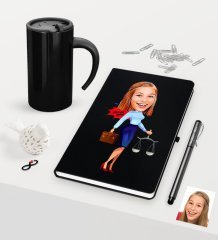 Kişiye Özel Bayan Avukat Karikatürlü Siyah Defter Kalem ve Termos Mug Seti  - 3
