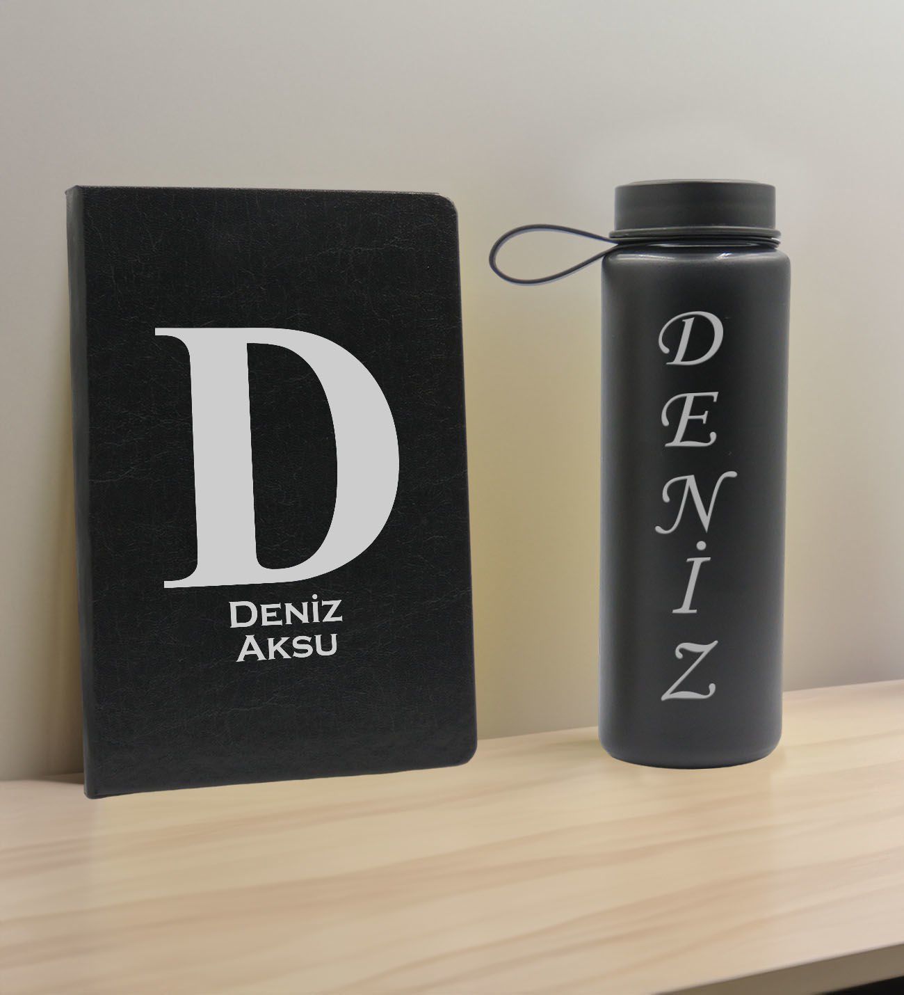 BK Gift Kişiye  Özel İsimli Siyah Defter ve Cam Matara Hediye Seti-5, Sevgiliye Hediye, Arkadaşa Hediye, Yeni İş Hediyesi