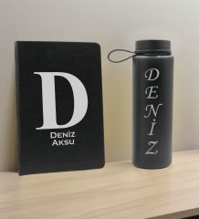 BK Gift Kişiye  Özel İsimli Siyah Defter ve Cam Matara Hediye Seti-5, Sevgiliye Hediye, Arkadaşa Hediye, Yeni İş Hediyesi