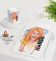 Kişiye Özel Bayan Karikatürlü Beyaz Defter Kalem Türk Kahvesi Fincanı Seti-37