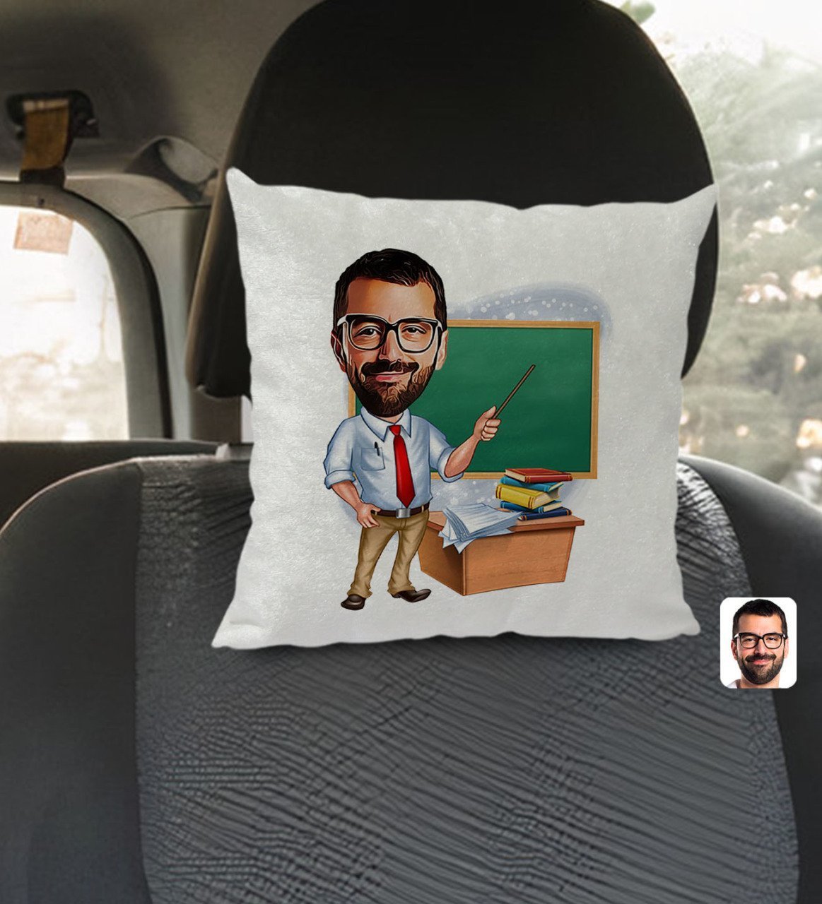 Kişiye Özel Erkek Öğretmen Karikatürlü Kare Araç Koltuk Yastığı-1