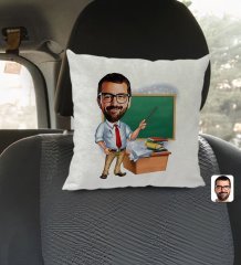 Kişiye Özel Erkek Öğretmen Karikatürlü Kare Araç Koltuk Yastığı-1