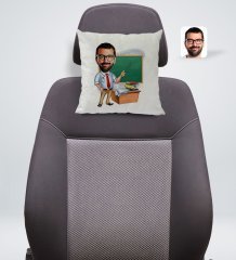Kişiye Özel Erkek Öğretmen Karikatürlü Kare Araç Koltuk Yastığı-1