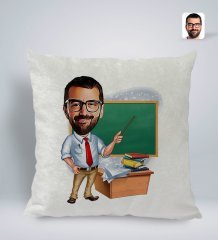 Kişiye Özel Erkek Öğretmen Karikatürlü Kare Araç Koltuk Yastığı-1