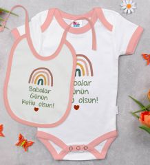 BK Kids Babalar Günün Kutlu Olsun Tasarımlı Pembe Bebek Body Zıbın ve Mama Önlüğü Hediye Seti-1