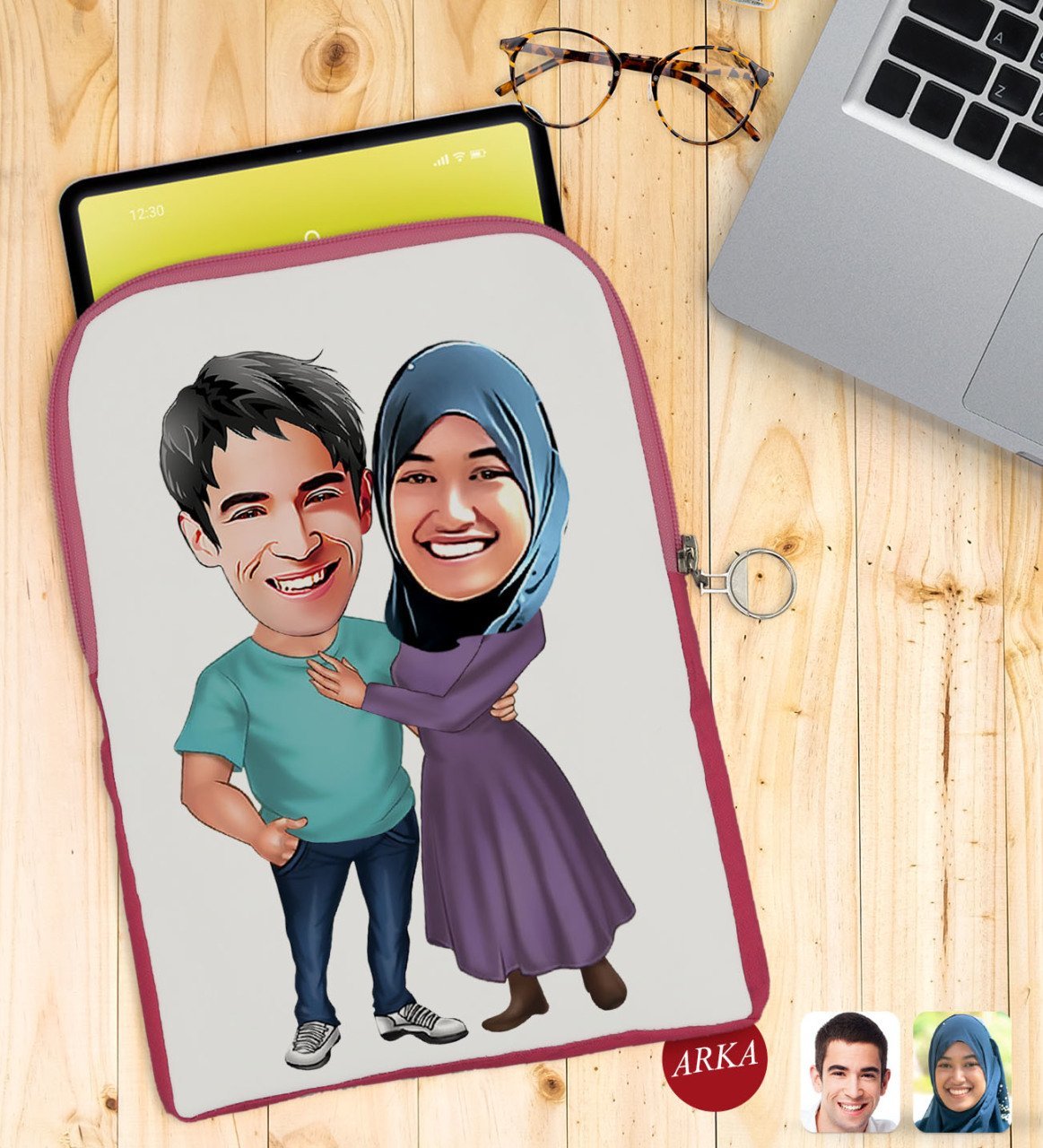 Kişiye Özel Sevgililer Karikatürlü Taşınabilir Koruyucu Tablet Kılıfı & Organizer Çanta - Pembe-61