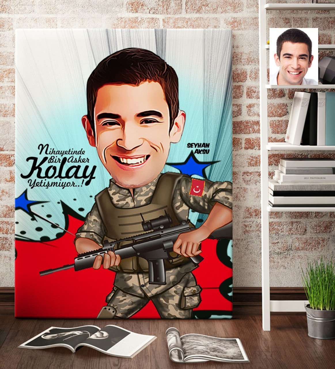 Kişiye Özel Asker Karikatürlü Kanvas Tablo (70 x 100 cm.) 1