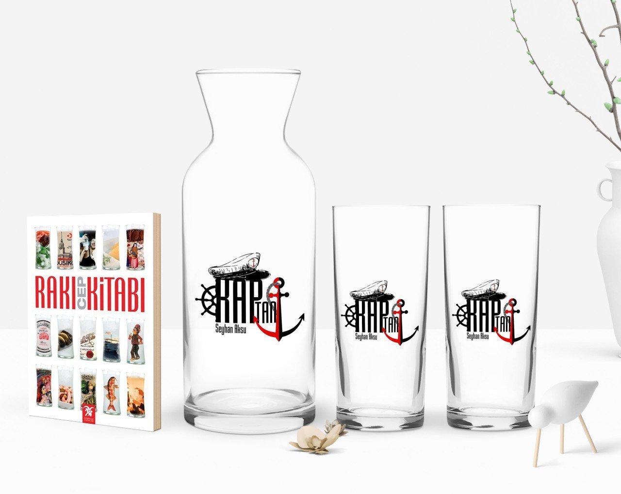 Kişiye Özel Renkli Baskılı Kaptan Tasarımlı İkili Rakı Bardağı Karaf ve Cep Kitabı Hediye Seti-2