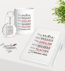 Kişiye Özel İngilizce Öğretmeni Kupa Anahtarlık Beyaz Defter Kalem Hediye Seti-7
