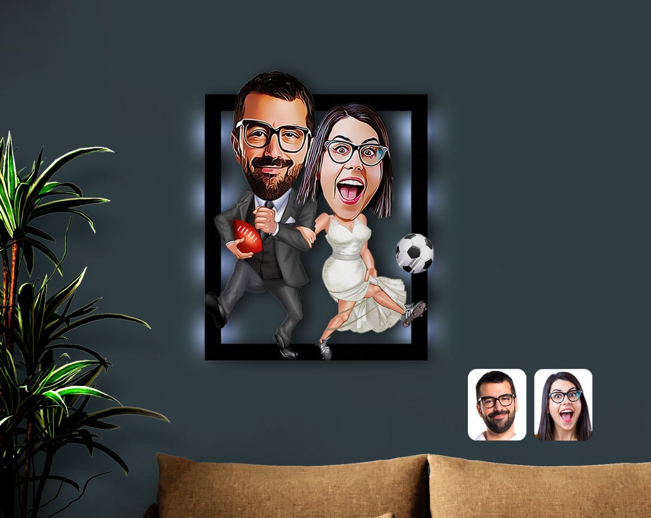 Kişiye Özel Sevgililer Karikatürlü 3D Led Işıklı Ahşap Tablo-15