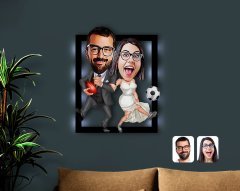 Kişiye Özel Sevgililer Karikatürlü 3D Led Işıklı Ahşap Tablo-15