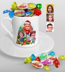 Kişiye Özel Yeni Yıl 3 Kardeş Karikatürlü Türk Kahvesi Fincanı ve Haribo Şeker Hediye Seti-1